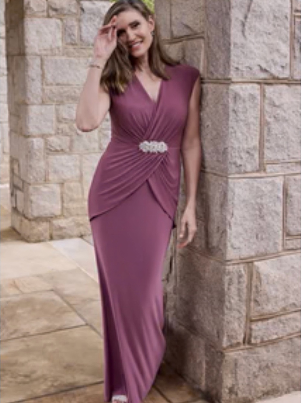 Oleg Cassini Mauve Floor-Length Draped Evening Gown with Embellished Waist